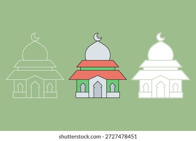 Moschee-Illustration in drei verschiedenen Stilen. Klassische traditionelle Moschee. Kultur und Religion Thema, Vektorgrafik.