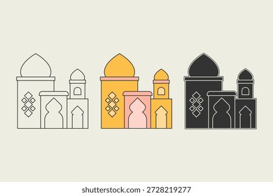 Moschee-Illustration in drei verschiedenen Stilen. Einfaches Moscheedesign mit einer Kombination aus orangen und pastellrosa Farben, Vektorgrafik.