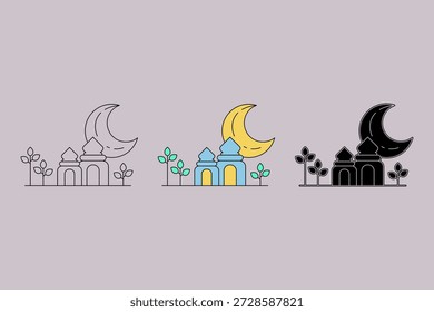 Ilustración de la mezquita con tres estilos diferentes. Mezquita con una forma única que se asemeja a una linterna. Adornos de Ramadán, Ilustración vectorial.