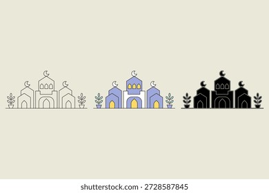 Ilustração da mesquita com três estilos diferentes. Mesquita com cores cinza-azuladas. Tema do Ramadã, ilustração vetorial.