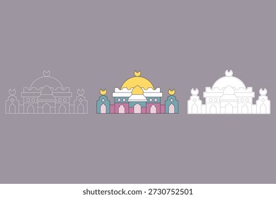 Ilustración de la mezquita con tres estilos diferentes. Majestuosa mezquita clásica con una armoniosa combinación de colores pastel. Tema del Ramadán, Ilustración vectorial.