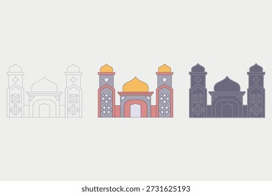 Ilustración de la mezquita con tres estilos diferentes. Mezquita majestuosa con una combinación de colores grises, rojos y naranjas. Tema del Ramadán, Ilustración vectorial.