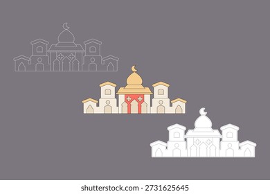 Ilustración de la mezquita con tres estilos diferentes. Mezquita de estética minimalista con una combinación de colores rojos y crema pastel. Mezquita estética. Tema del Ramadán, Ilustración vectorial.