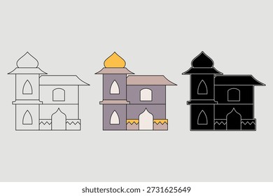 Ilustración de la mezquita con tres estilos diferentes. Mezquita clásica con colores marrones suaves. Tema del Ramadán, Ilustración vectorial.