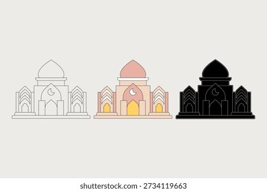 Ilustración de la mezquita con tres estilos diferentes. Mezquita estética clásica con una combinación de colores marrones y pastel crema. Tema del Ramadán. Ilustración vectorial.