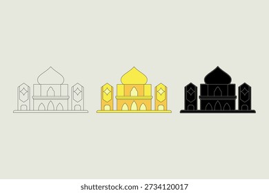 Ilustración de la mezquita con tres estilos diferentes. Gran mezquita clásica con una lujosa combinación de colores amarillos y naranjas. Tema del Ramadán. Ilustración vectorial.
