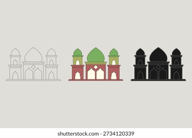 Ilustración de la mezquita con tres estilos diferentes. Gran mezquita clásica con una combinación de colores rojo y verde. Tema del Ramadán. Ilustración vectorial.
