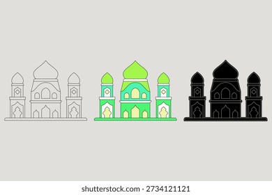 Ilustración de la mezquita con tres estilos diferentes. Gran mezquita clásica con una combinación de colores verdes brillantes. Tema del Ramadán. Ilustración vectorial.