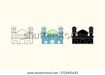 Mosque illustration with three different styles. A blue mosque with a magnificent green dome, vector illustration.