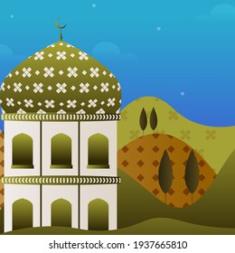 Mosque Illustration With Trees On Green And Blue Background.