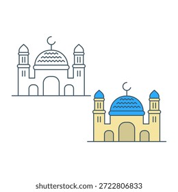 Mosque illustration with two different color styles on a white background. Place of worship. Islamic theme. Ramadan theme. Vector illustration.