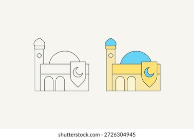 Ilustração de mesquita com dois estilos diferentes. Uma mesquita com um design moderno e único. Um design minimalista com creme suave amarelo e cores azul claro. ilustração vetorial.