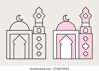 Ilustração de mesquita em dois estilos diferentes. Mesquita minimalista com uma combinação de cores rosa e branco, ilustração vetorial.