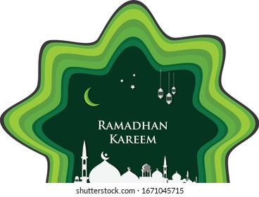 mosque Illustration vector graphics with lantern, moon and star,paper cut Ramadan Kareem background. Use for gift card, banner. etc