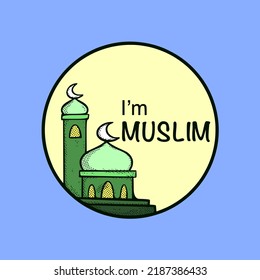 mosque with im muslim colorful cartoon illustration free vector