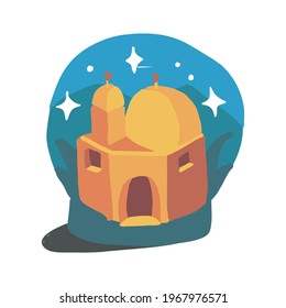A mosque inside a circle of snowball toys