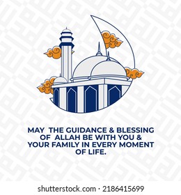 mosque inside of crescent moon with yellow cloud ornament