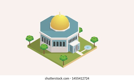 Mosque Islam Followers Worship Place Building With Dome And Minarets And Adjacent Roads Isometric Composition Vector Illustration