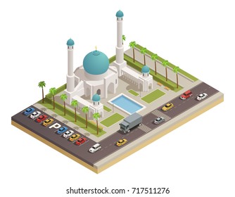 Mosque islam followers worship place building with dome and minarets and adjacent roads isometric composition  vector illustration 