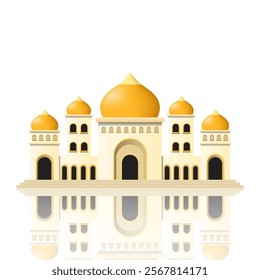 mosque, Islamic architectural landmark, tower, dome suitable for travel card background or design element, ramadan, islamic background, and etc