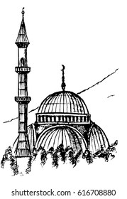 Mosque islamic background. Hand drawn sketch vector illustration on white background. Black & white.
