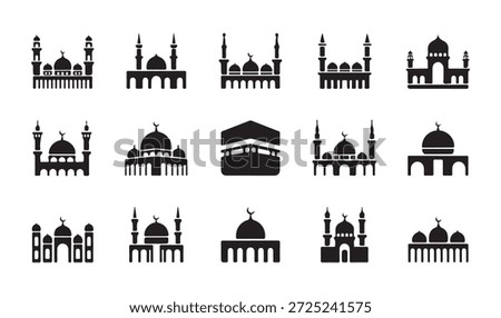 Mosque and Islamic building silhouettes diverse designs including Kaaba representation for religious themes