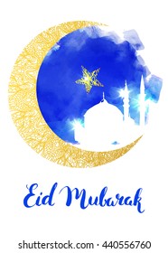 Mosque and Islamic crescent on the blue night sky. Ramadan watercolor card. Holiday vector background. Ink hand drawn inscription Eid Mubarak. Calligraphy. 