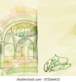 Mosque islamic greeting Eid Mubarak - Translation of text : Eid Mubarak - Blessed festival