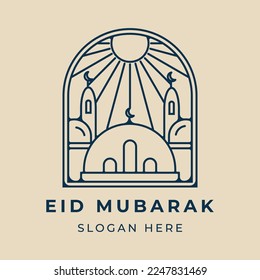 mosque islamic line art logo minimalist with emblem sunlight vector illustration design