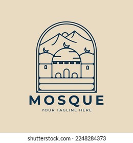 mosque islamic line art logo minimalist with emblem mountain vector illustration design