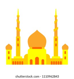 Mosque Islamic religious building. Vector illustration for Muslim holiday Eid Mubarak. Ramadan Kareem Greeting Card 