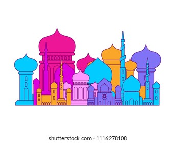 Mosque Islamic religious building. Vector illustration for Muslim holiday Eid Mubarak. Ramadan Kareem Greeting Card 