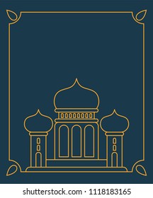 Mosque Islamic religious building. Vector illustration for Muslim holiday Eid Mubarak. Ramadan Kareem Greeting Card 