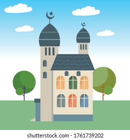 mosque and Islamic theme illustration. Cartoon flat vector pattern.