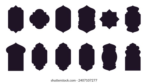 Mosque islamic window, gate and door shapes. Isolated vector set of arab arches. Black portal frames collection. Elegant architecture elements, icons for Muslim Ramadan Kareem or Eid Mubarak holiday.