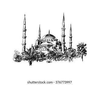 Mosque in Istanbul. Hand drawn sketch. 