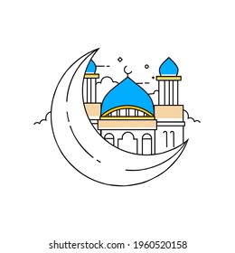 Mosque landscape with moon line art vector. Suitable for ramadan kareem, eid mubarak, eid al-adha mubarak template. Design for postcard, poster, banner, greeting card. Vector illustration