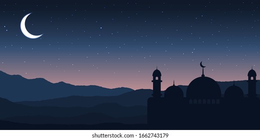 Mosque landscape in night. Moon and star at sand with mosque silhouette. Vector background. 