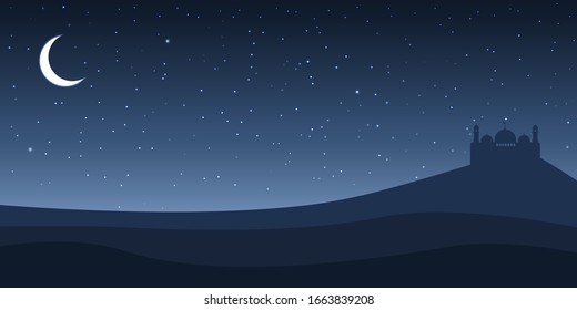 Mosque landscape in night. Moon and star at sand with mosque silhouette. Vector background. 