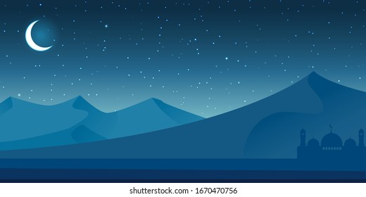 Mosque landscape in night. Moon and star at sand with mosque silhouette. Vector background. 