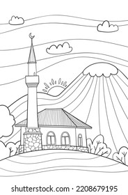 Mosque in the landscape, outline illustration for coloring.