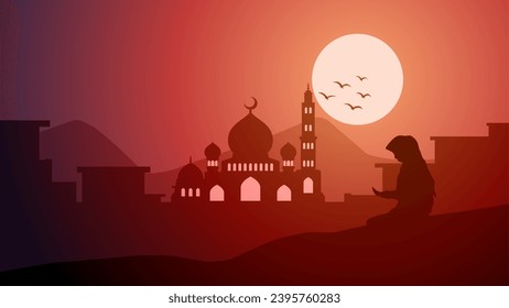 Mosque landscape with praying muslim silhouette vector illustration. Ramadan scenery design graphic in muslim culture and islam religion. Mosque panorama for illustration, background or wallpaper