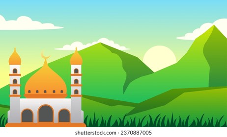 Mosque landscape vector illustration. Mosque and green mountain in the morning for eid mubarak. Ramadan design graphic in muslim culture and islam religion