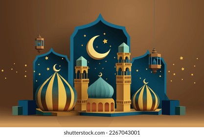 Mosque and lantern displayed on stages. Celebrate Ramadan Holy month in Islam. Background Realistic 3d gift boxes, crescent with star and hanging lanterns