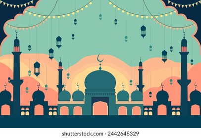 Mosque and Lantern Islamic Eid Al Fitr Festival Card in the Afternoon