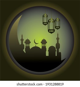 Mezquita y linterna en fondo amarillo. Mezquita y linterna en fondo amarillo. Ajustar al fondo de la tarjeta de felicitación Eid. Ilustración vectorial