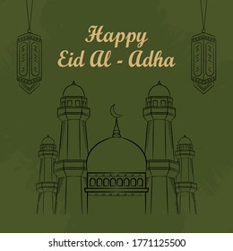 Mosque and lantern Sketch Illustration for Eid al-adha (Eid Mubarak) with Grunge Background and Arabic text. vector illustration