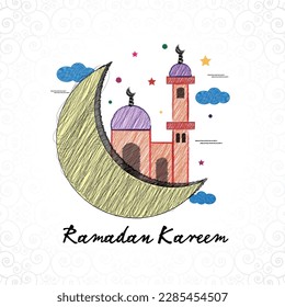 mosque with lantern  in sketch style vector illustration in ramadan islamic celebration