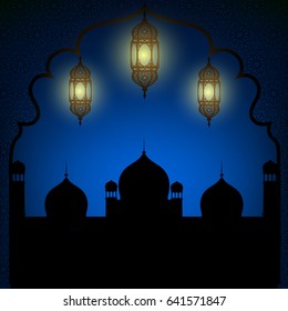 Mosque and lanterns on blue background. Muslim poster for Ramadan, Eid al-Fitr or Eid al-Adha