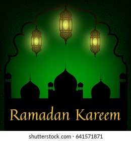 Mosque and lanterns on green background. Muslim greeting card Ramadan Kareem